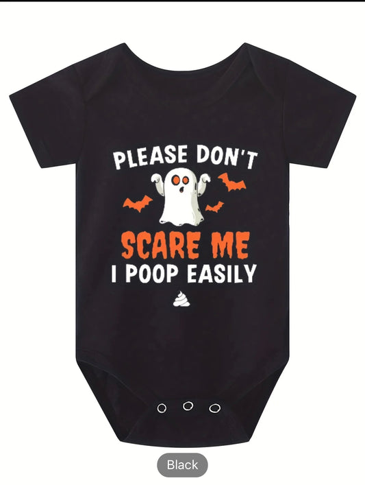 Halloween Funny Pattern Newborn Romper -"Please Don't Scare Me I Poop Easily", Infant Baby Girls And Boys Short Sleeve Bodysuit