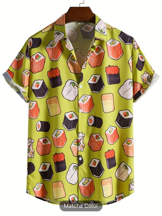 Men's Sushi Print Casual Short Sleeve Shirt - Perfect for Summer Vacation at the Resort!