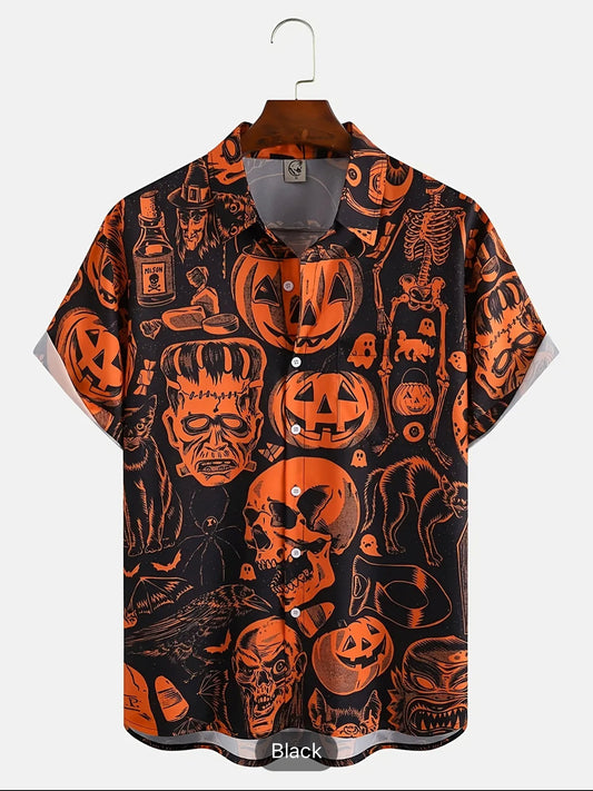 Men's Halloween Print Short Sleeve Lapel Shirt Vintage Bowling Shirt