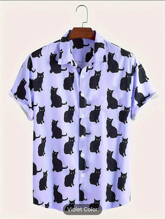 Men's Summer Vacation Ready: Black Cat Print Casual Short Sleeve Shirt