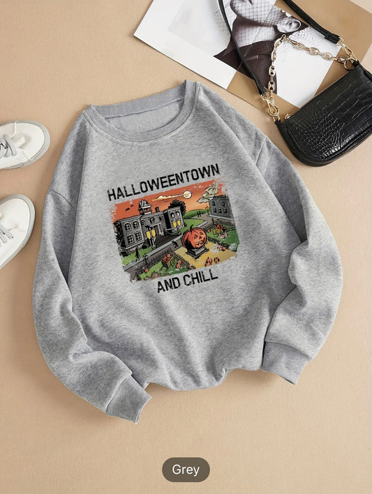 Women's Cartoon Halloween Town Sweatshirt - Long Sleeve Crew Neck Casual Sweatshirt for Fall & Winter