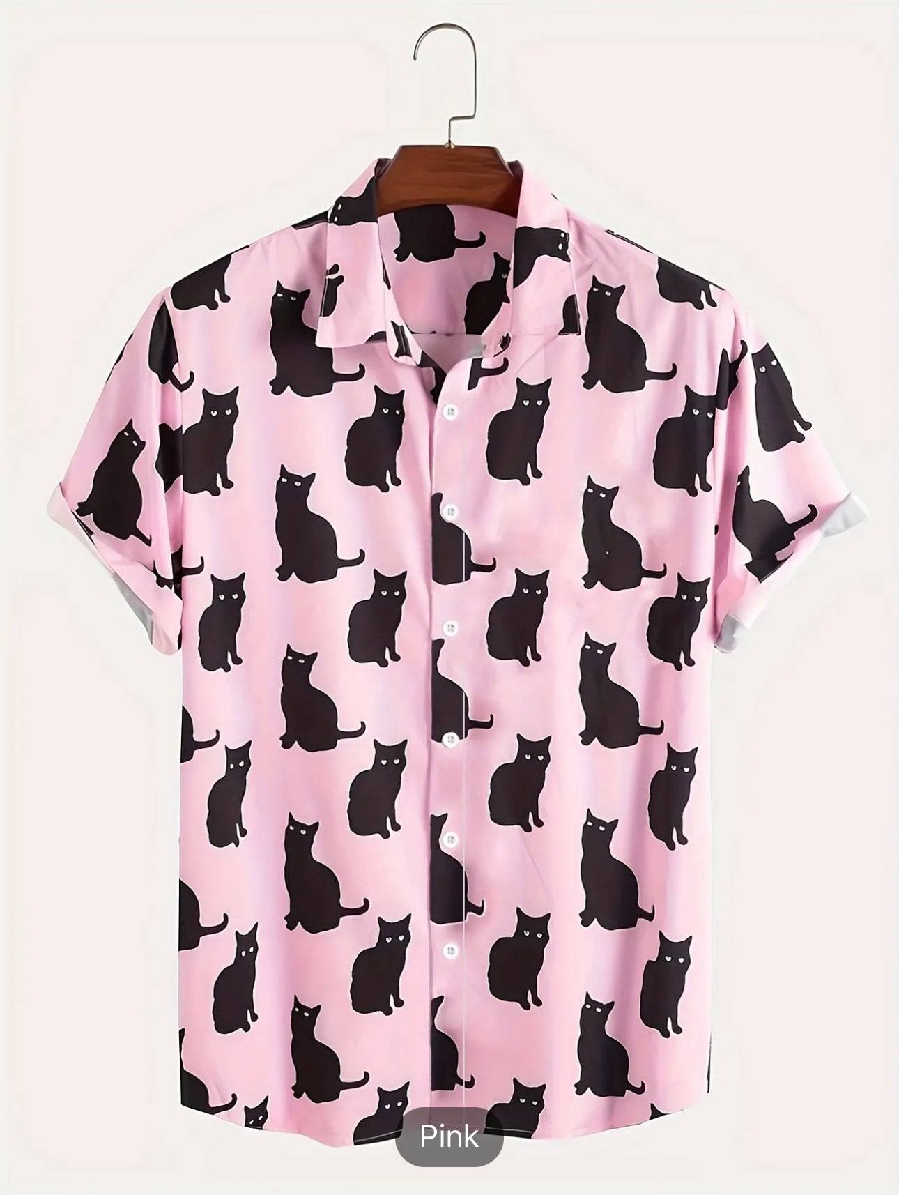 Men's Summer Vacation Ready: Black Cat Print Casual Short Sleeve Shirt