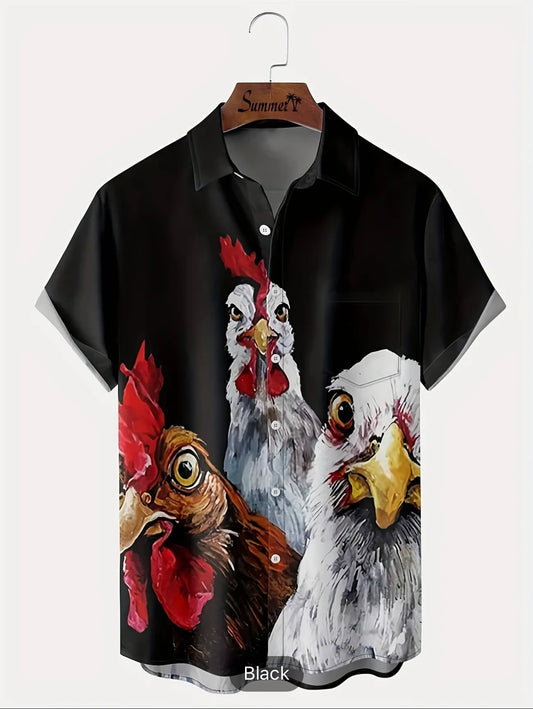 Plus Size Men's Hawaiian Shirts For Beach, Comfy Full Printed Retro Rooster Pattern Short Sleeve Aloha Shirts, Oversized Casual Loose Tops For Summer