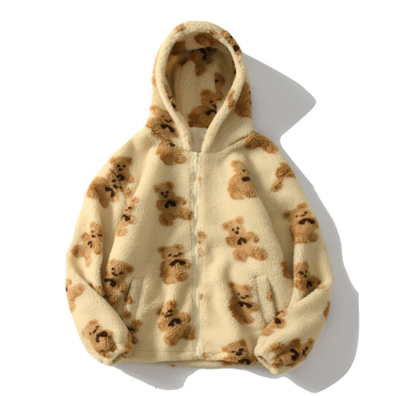Ladies Hooded Thick Casual Cartoon Pattern Bear Zipper Pocket Plush Sweater