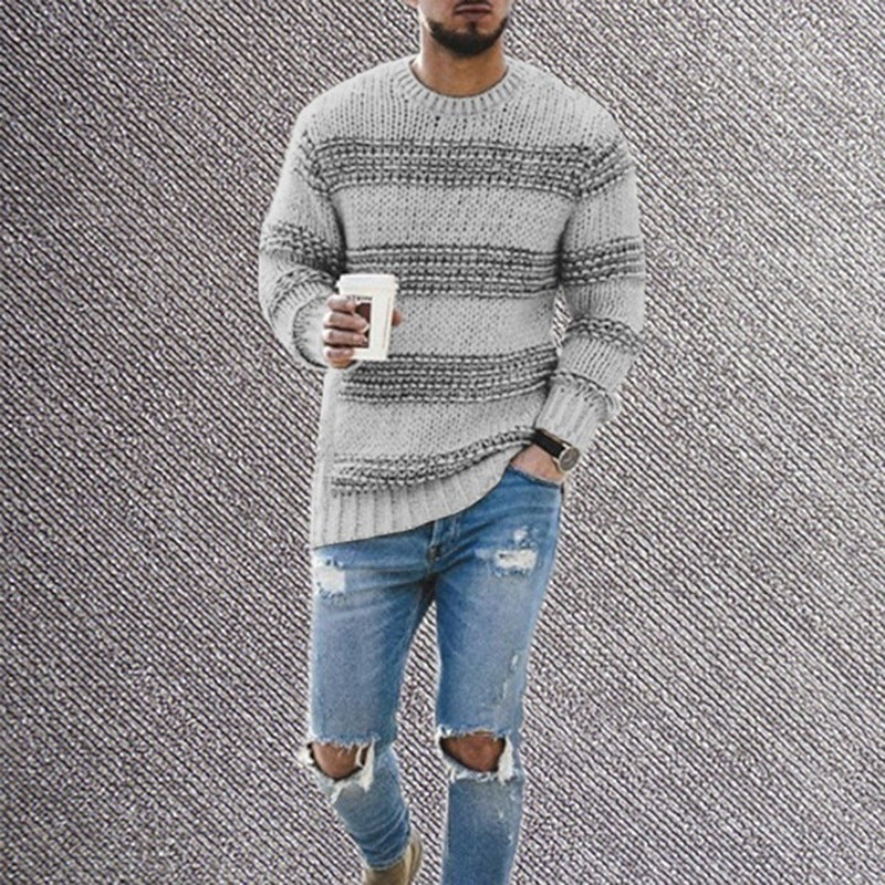 Men's fitted striped round neck long sleeve knitted sweater