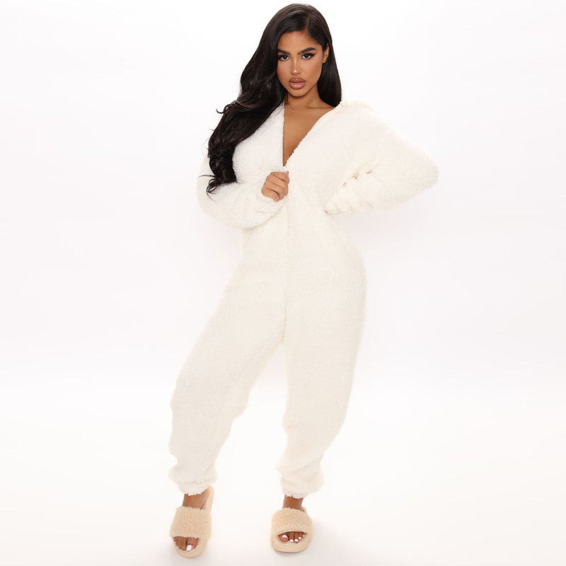 Long Sleeve Hooded Casual Jumpsuit Pants Plush Loungewear