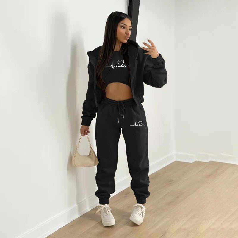 New velvet sweatshirt hooded letter print casual suit (three-piece set)