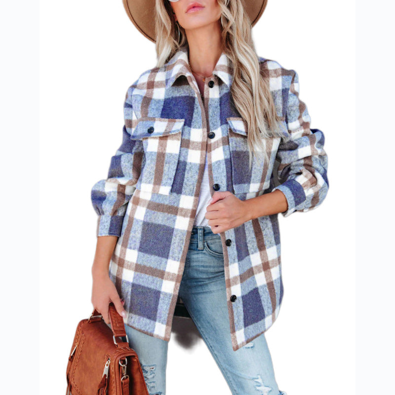 Women's Autumn and Winter Plaid Brushed Lapel Jacket