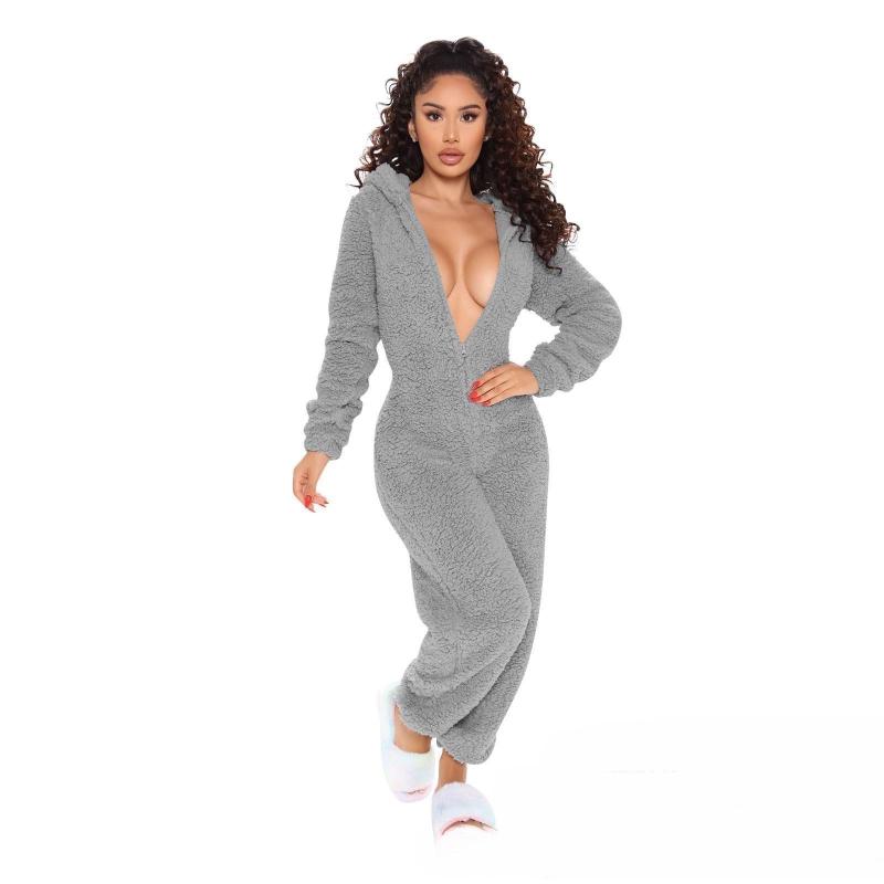 Long Sleeve Hooded Casual Jumpsuit Pants Plush Loungewear