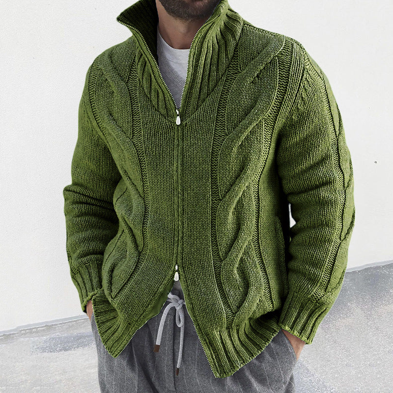 Men's turtleneck cable zipper sweater cardigan