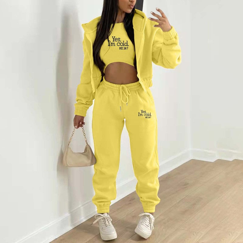 New velvet sweatshirt hooded letter print casual suit (three-piece set)