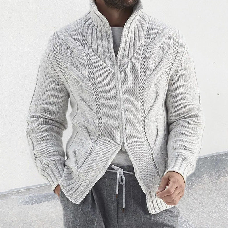 Men's turtleneck cable zipper sweater cardigan