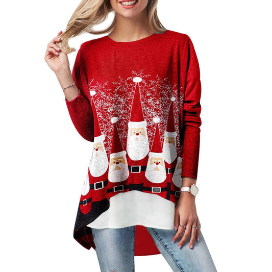 New Christmas style printed fake two-piece round neck long-sleeved T-shirt for women