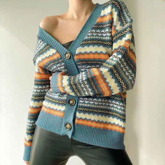 New Fashionable Contrast Color Knitted Sweater Cardigan Jacket Sweater