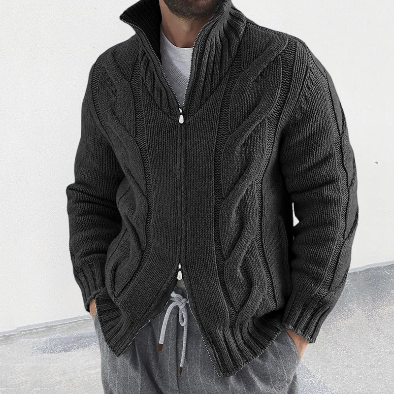 Men's turtleneck cable zipper sweater cardigan