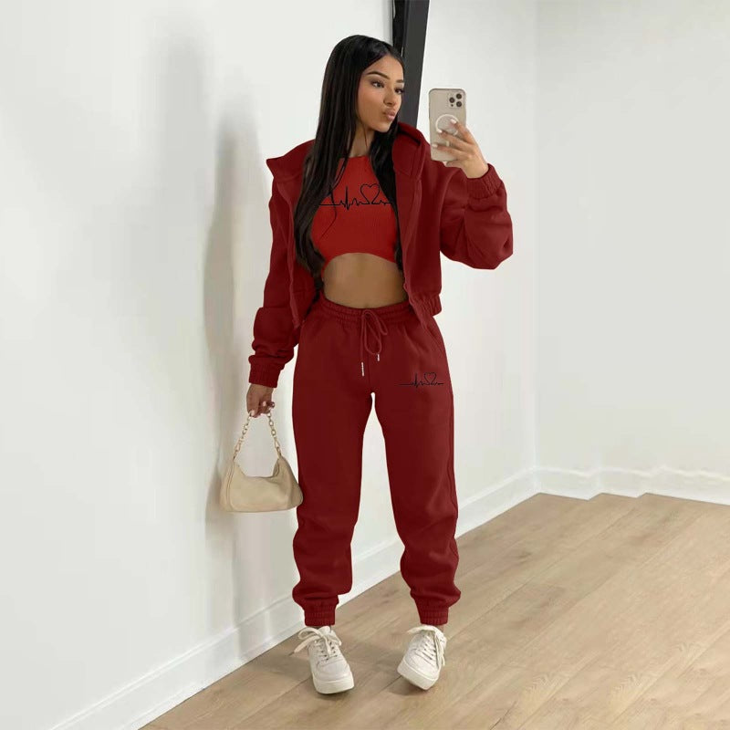 New velvet sweatshirt hooded letter print casual suit (three-piece set)