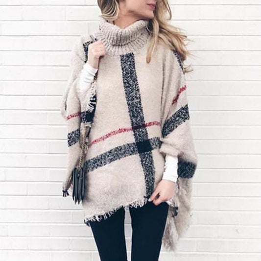 Mid-length high collar tassel cape loose knitted sweater