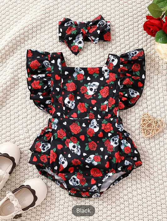 Adorable Summer Outfit for Baby Girls: Skull Rose Graphic Triangle Onesie with Headwear