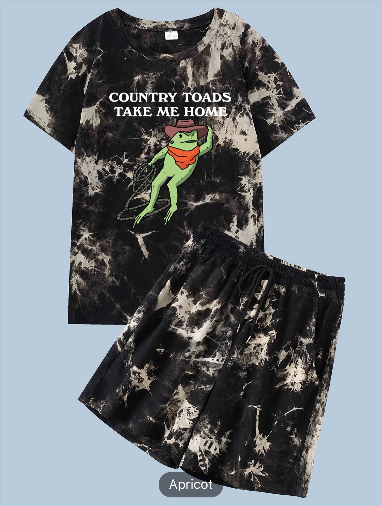 Men's Tie Dye Two-piece Outfits, ''COUNTRY TOADS TAKE ME HOME'' Frog Print T-shirt And Loose Drawstring Shorts For Summer