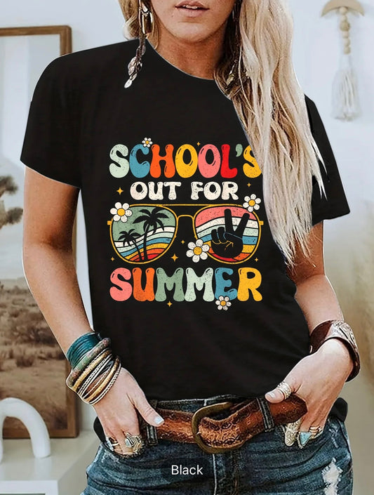 School's Out For Summer Print T-Shirt, Short Sleeve Crew Neck Casual Top For Summer & Spring, Women's Clothing