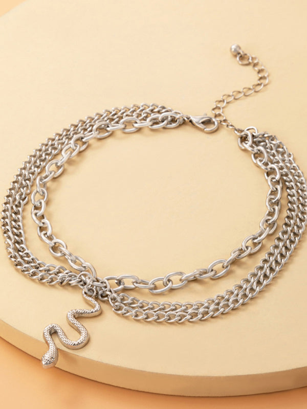 Gold heart-shaped chain anklet tassel snake-shaped pendant three-layer anklet for women