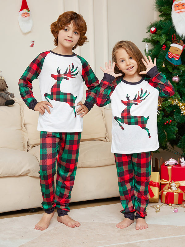 New Christmas parent-child cartoon elk plaid print Christmas pajamas set