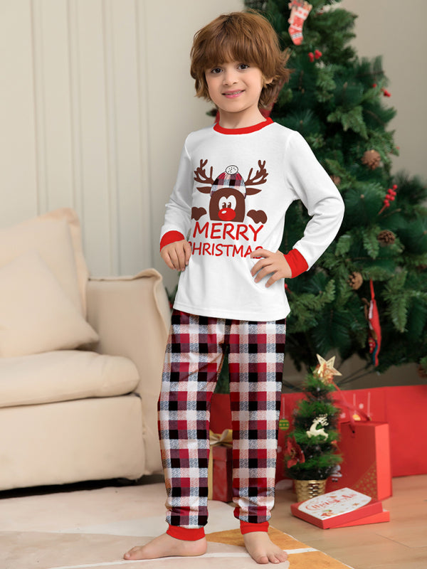 Deer head letter print Christmas parent-child plaid long-sleeved home clothes two-piece set