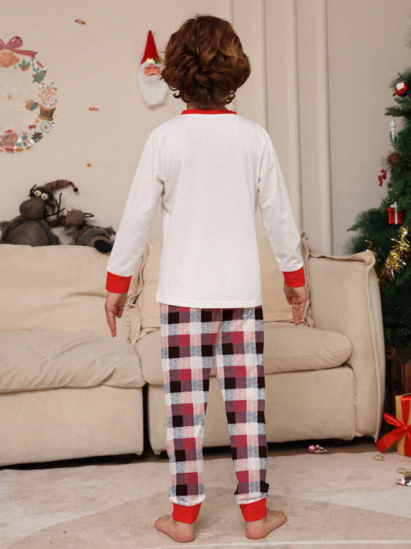 Deer head letter print Christmas parent-child plaid long-sleeved home clothes two-piece set