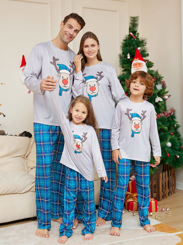 New Christmas Cartoon Deer Head Blue Plaid Round Neck Long Sleeve Parent-Child Family Pajamas Set