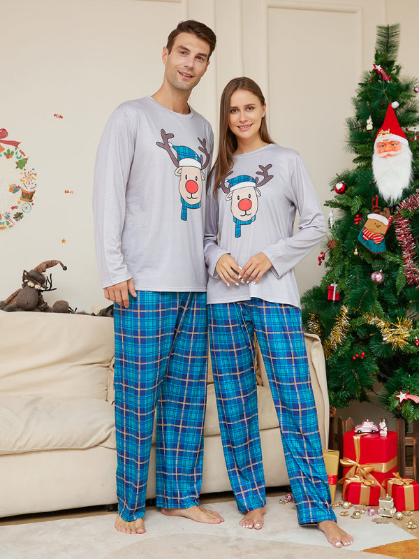 New Christmas Cartoon Deer Head Blue Plaid Round Neck Long Sleeve Parent-Child Family Pajamas Set