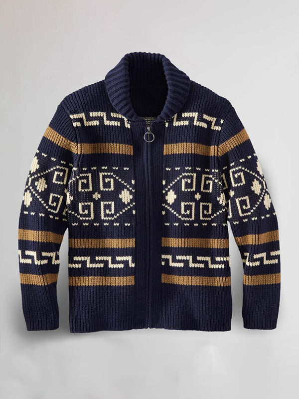 Men's casual lapel jacquard knitted jacket