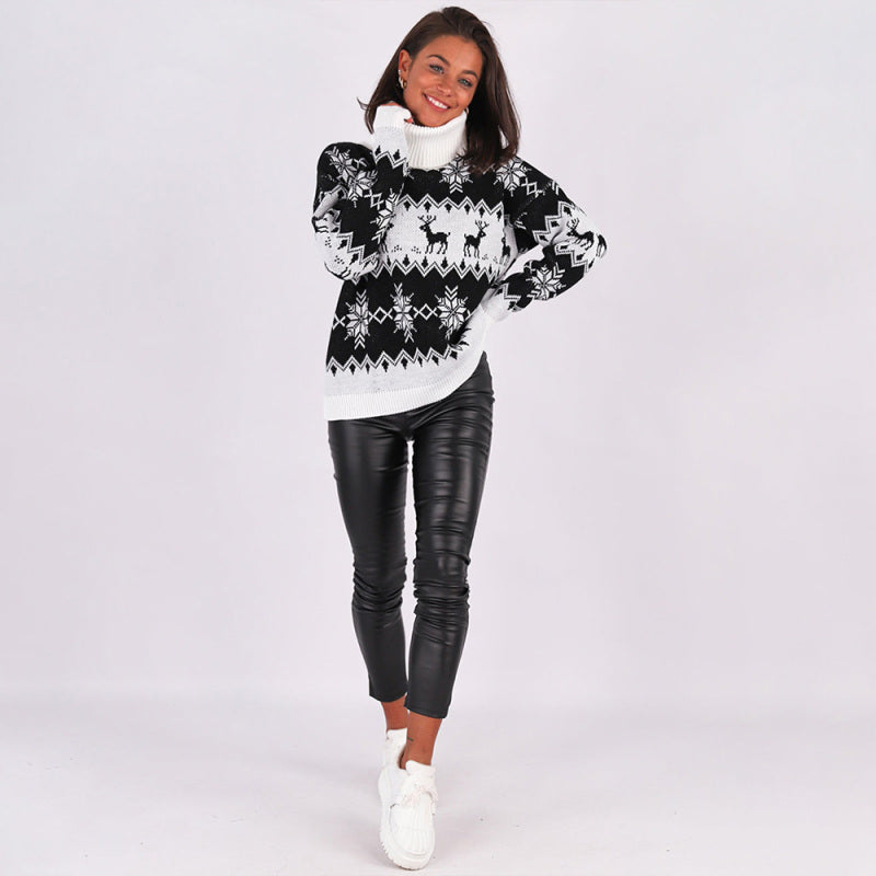 Women’s Stylish Baggy Knit Christmas Sweater With Tall Folded Turtleneck