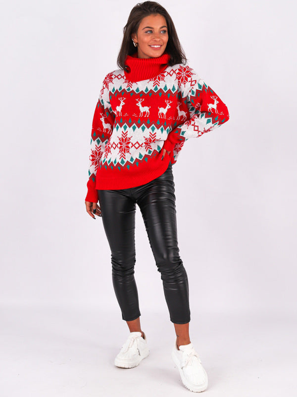 Women’s Stylish Baggy Knit Christmas Sweater With Tall Folded Turtleneck