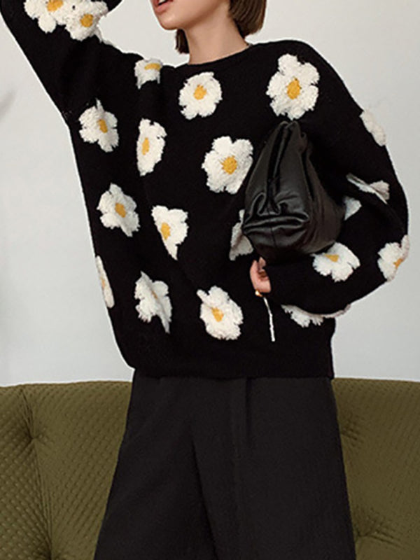Women’s 3D Soft Knit Flower Print With Long Sleeves Sweater