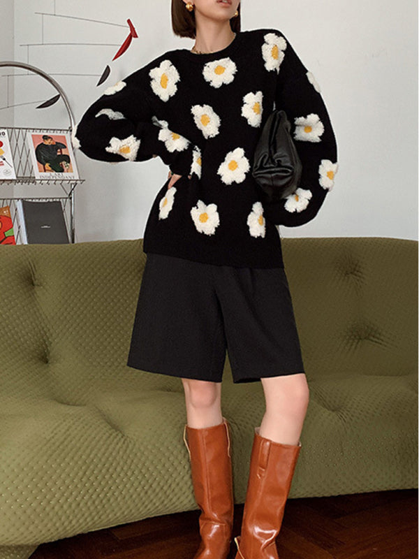 Women’s 3D Soft Knit Flower Print With Long Sleeves Sweater