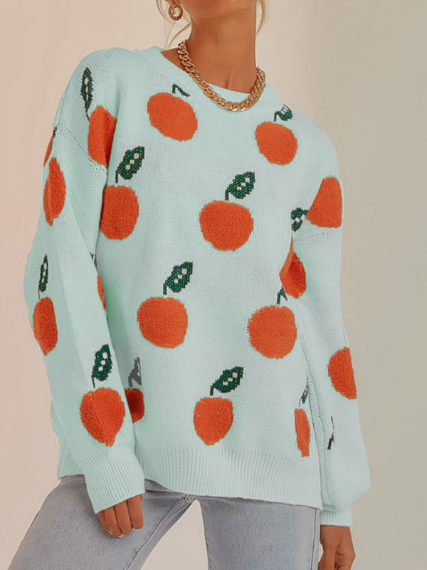 Orange Pattern Crew Neck Drop-Shoulder Sleeves Pullover Sweater