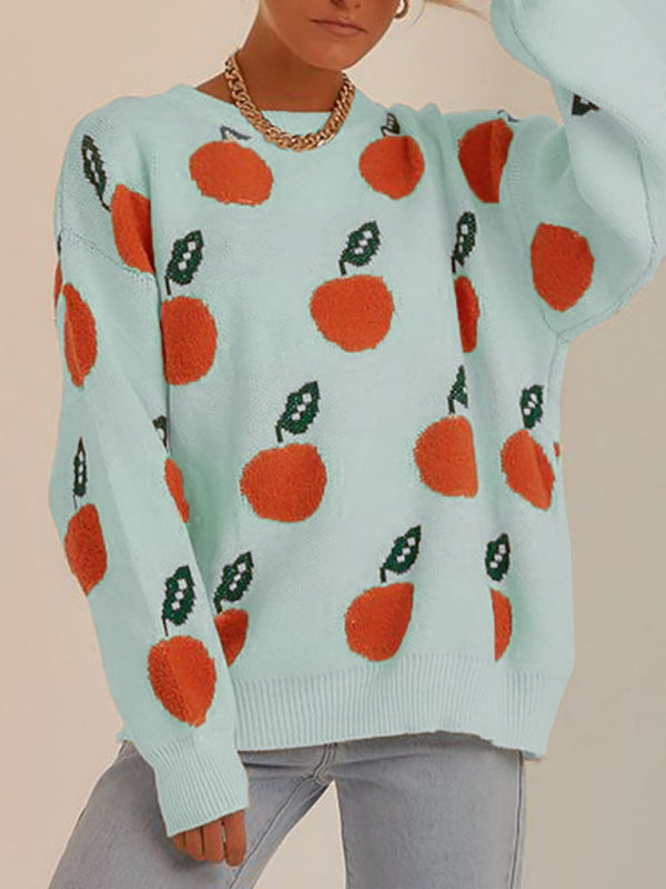 Orange Pattern Crew Neck Drop-Shoulder Sleeves Pullover Sweater