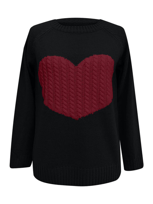 Women's "heart" Front Print Cable Knit Sweater
