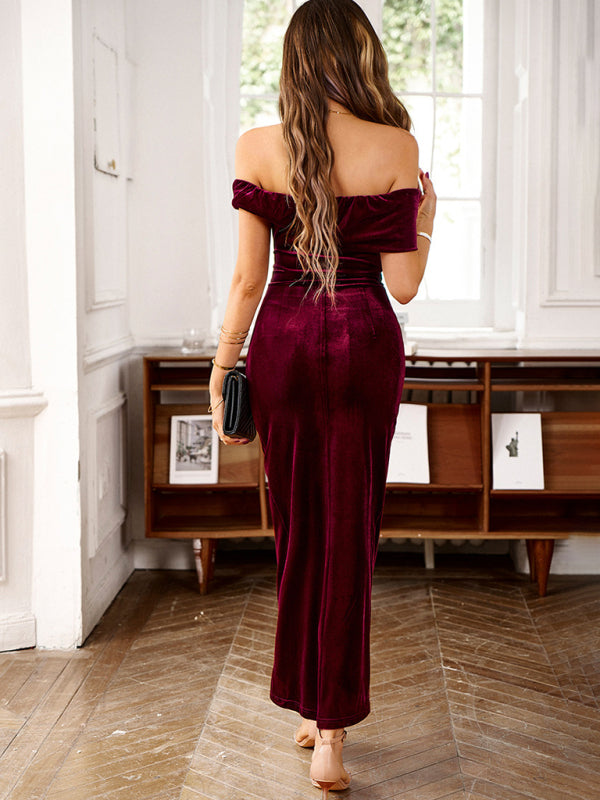Women's elegant velvet one-shoulder party dress
