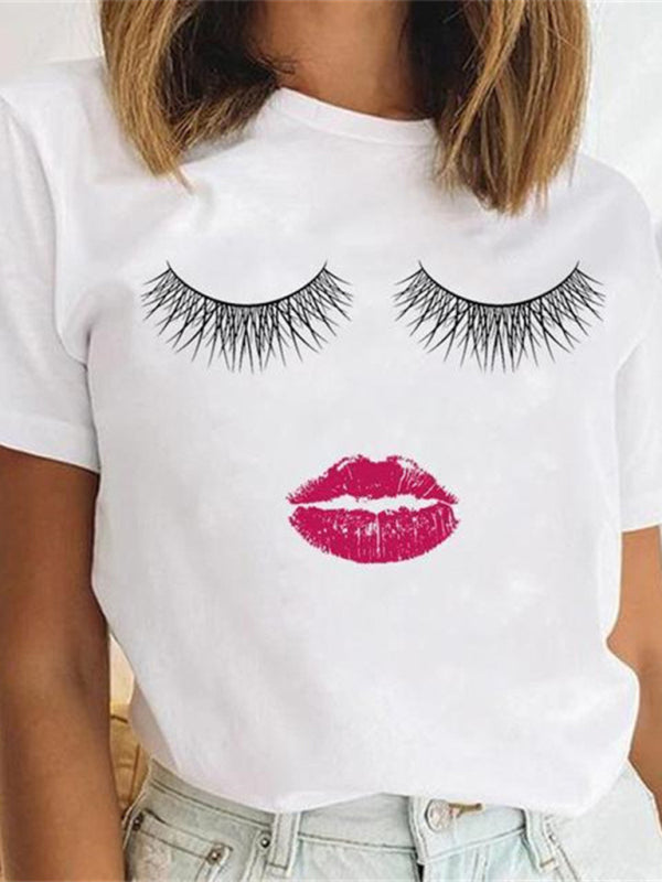 sexy leopard print lips t-shirt round neck short-sleeved T-shirt women's top