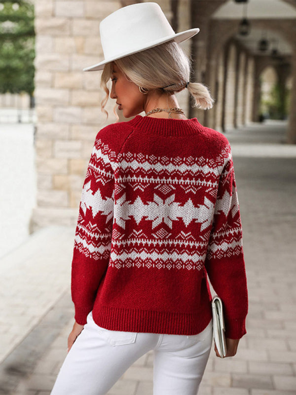 Women's Round Neck Red Knitted Christmas Snowflake Sweater