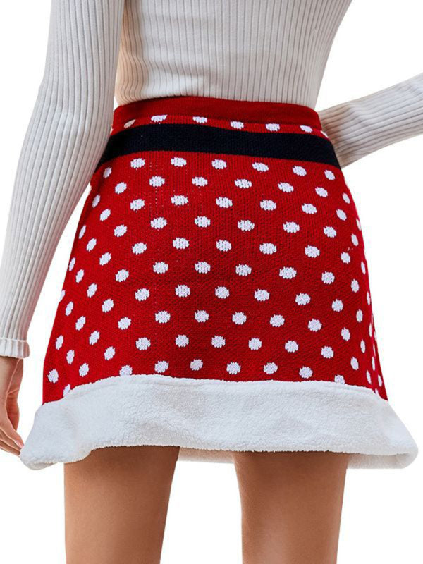New splicing knitted A-line skirt with elastic belt Christmas package hip skirt