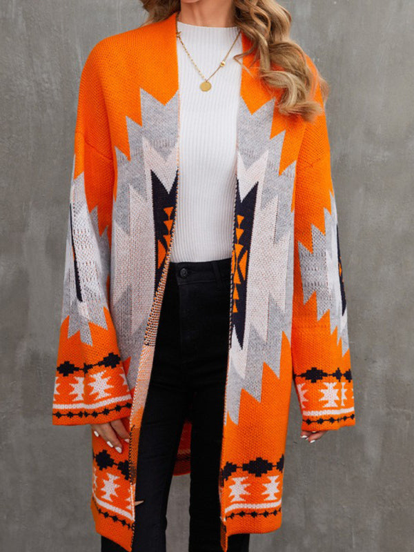 Fashionable women's long knitted cardigan Halloween jacquard contrast sweater