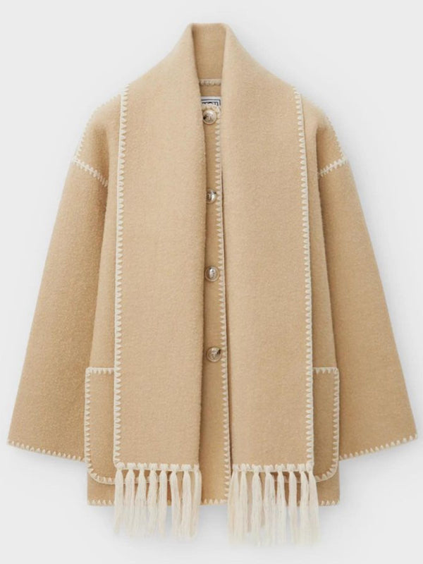 New autumn and winter new fashion woolen coat thickened loose with scarf tassels for women