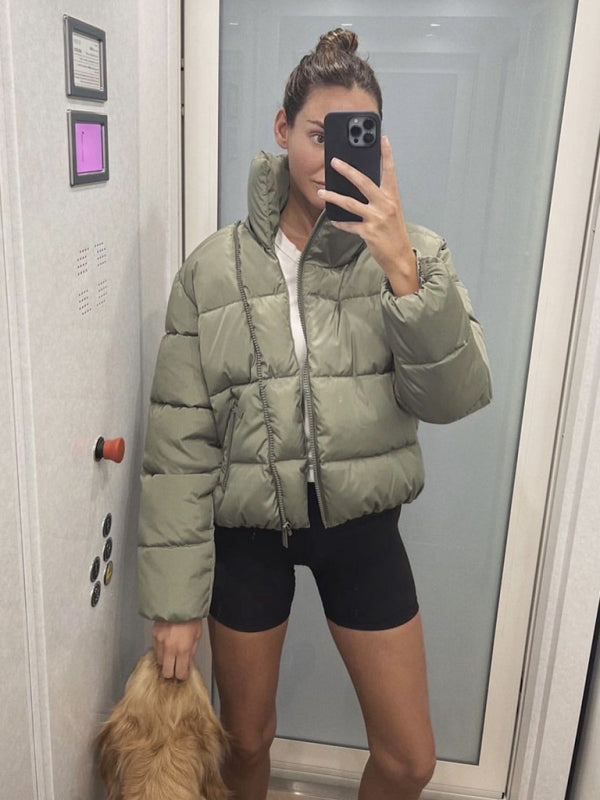 Women's stand collar zipper quilted bread coat