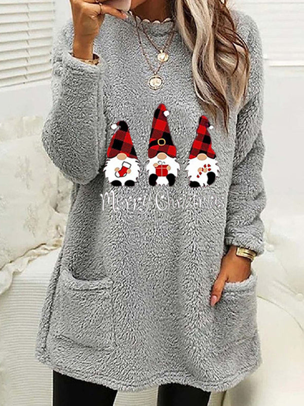 Women's Long Sleeve Casual Round Neck Pullover Pocket Christmas Plush Sweatshirt