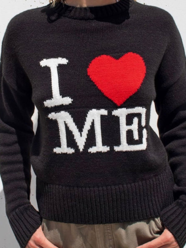 Women's love letter embroidered round neck pullover knitted sweater