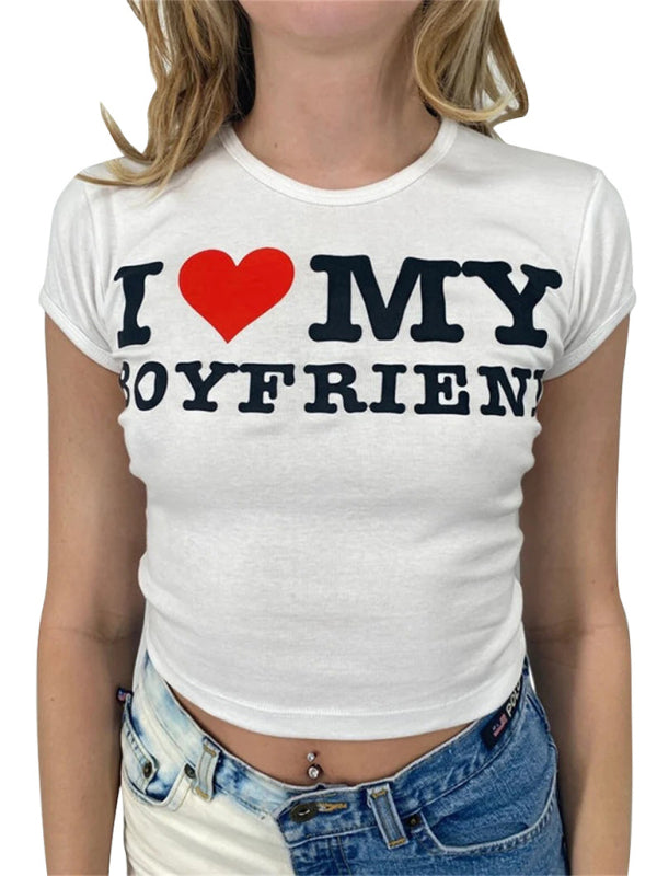 Women's new casual red heart letter print sexy navel-baring short-sleeved T-shirt