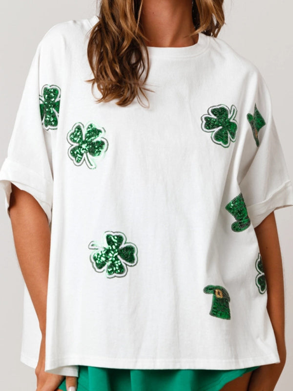 Women's St. Patrick's four-leaf clover sequined top loose T-shirt