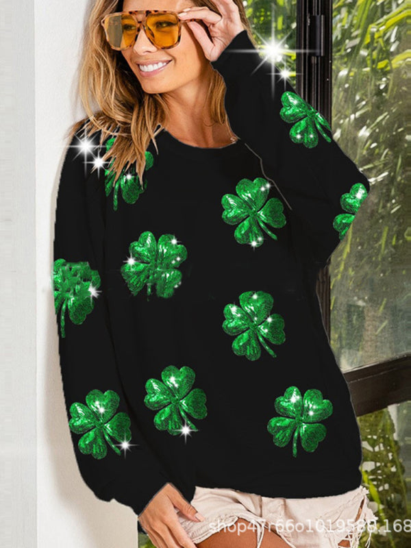 Women's orchid St. Patrick's four-leaf clover sequined casual sweatshirt